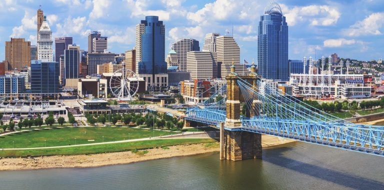 Cincinnati Ohio skyline with John Roebling bridge aerial view