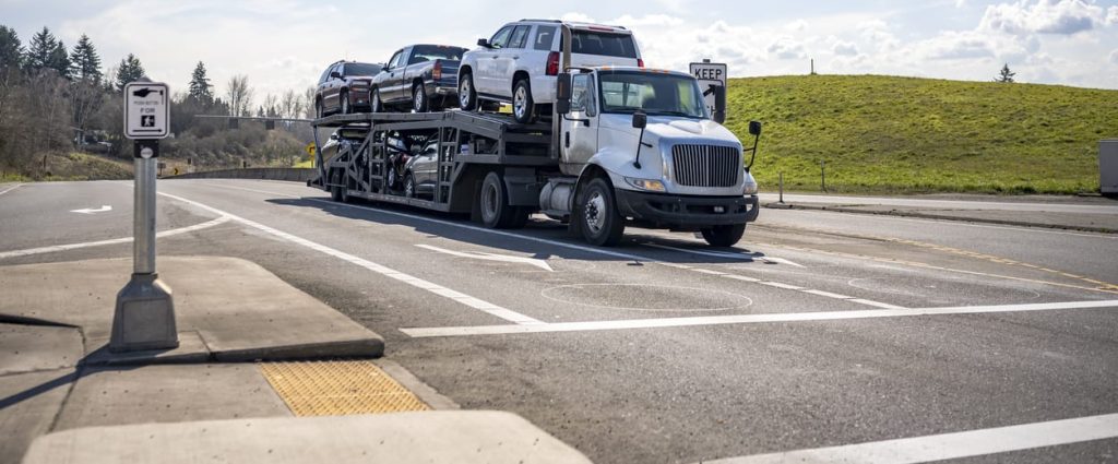 Compact white big rig car hauler semi truck transporting cars on the two level module semi trailer standing on the crossroad intersection with crosswalk