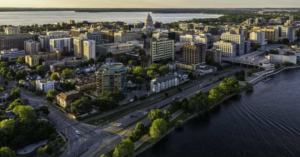 Aerial view of Madison city downtown at sunset, Wisconsin