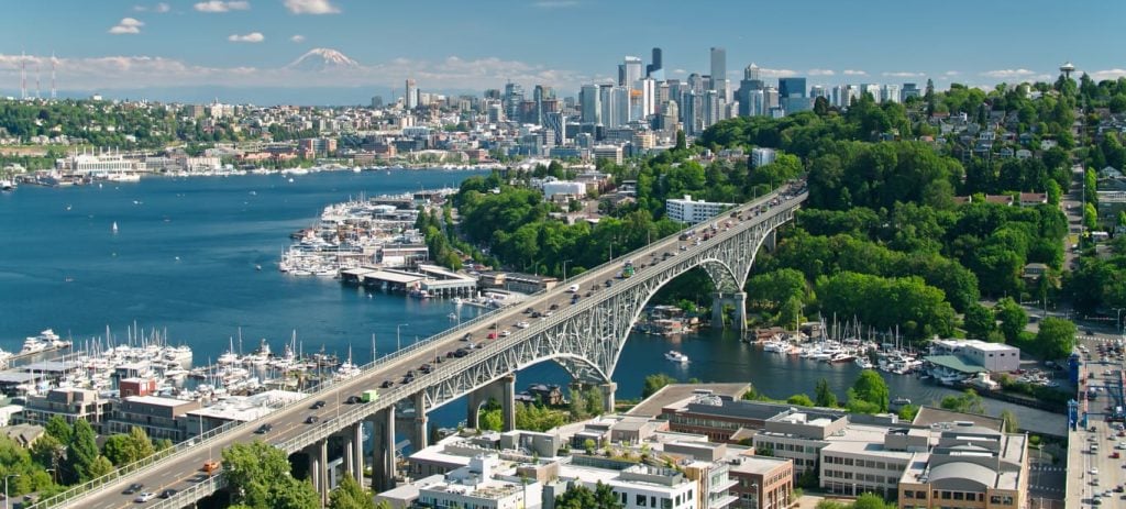 Drone Shot of Seattle with Mt Rainier in Distance