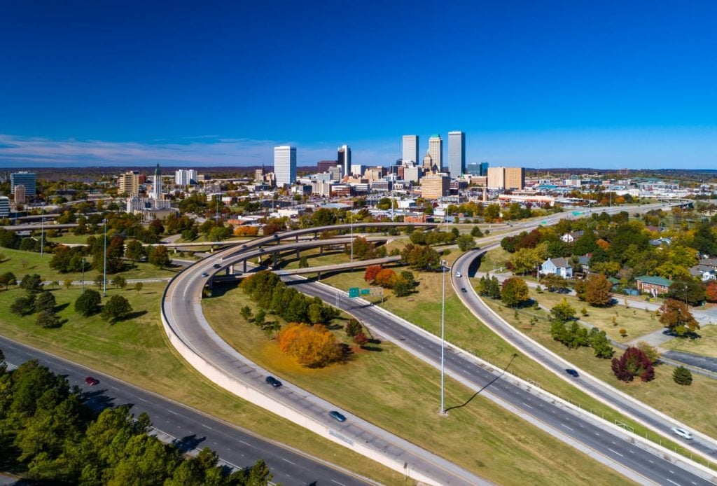 Aerial View of Downtown Tulsa Skyline with Freeways