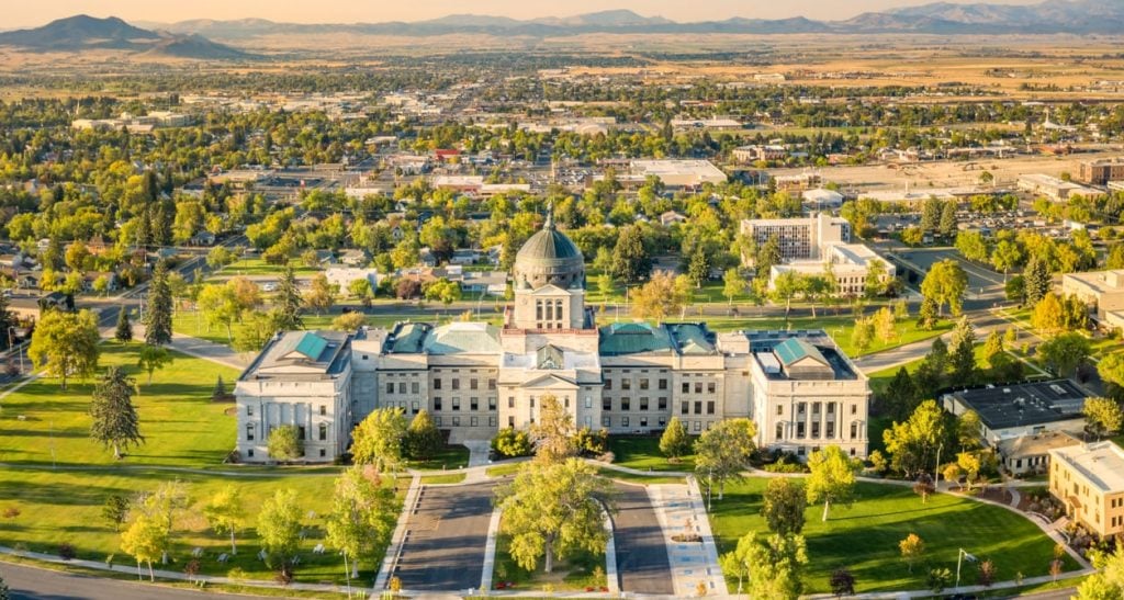 Montana State Capitol, in Helena, on a sunny and hazy afternoon.