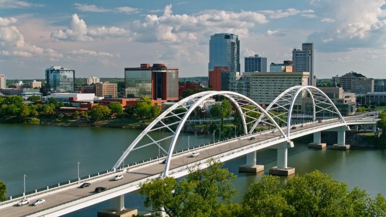 Broadway Bridge and Little Rock Skyline - Drone Shot