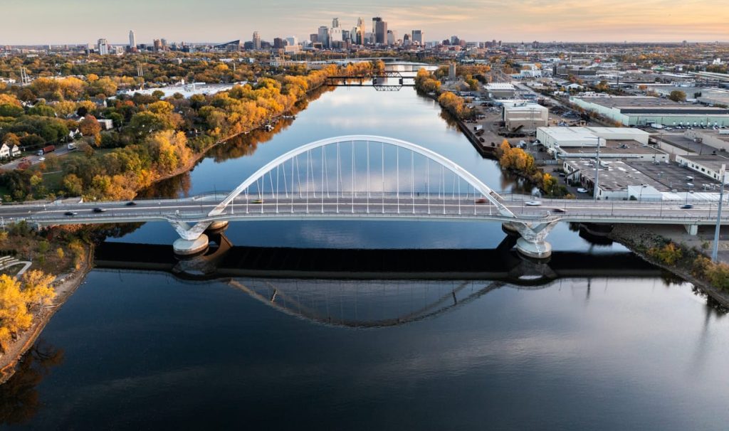 Aerial view of Minneapolis and the Lowry Avenue bridge