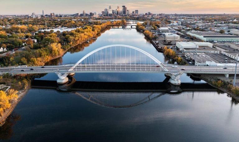 Aerial view of Minneapolis and the Lowry Avenue bridge