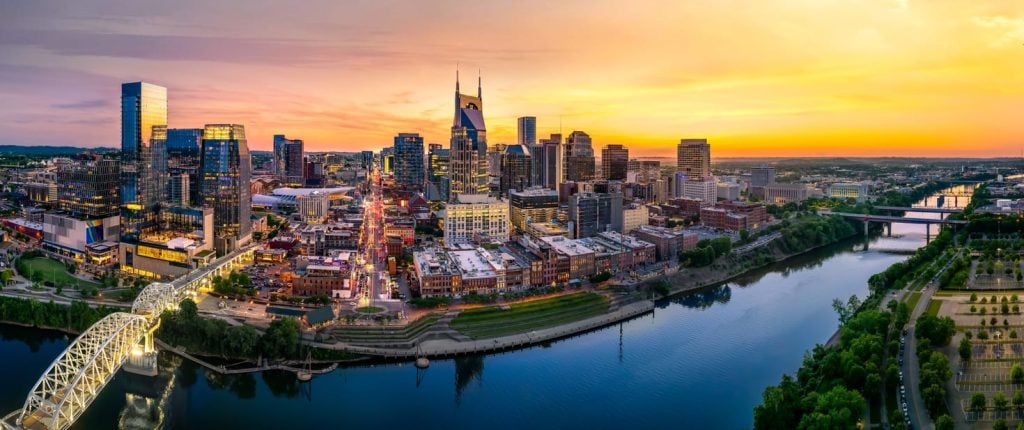 Nashville skyline with braodway and sunset