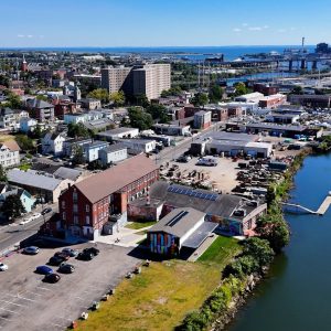 Aerial view of Bridgeport, Connecticut with the Pequonnock River and harbor