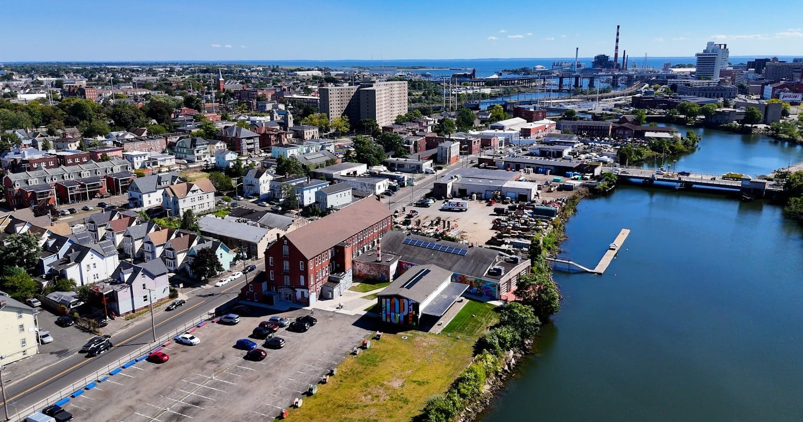 Aerial view of Bridgeport, Connecticut with the Pequonnock River and harbor