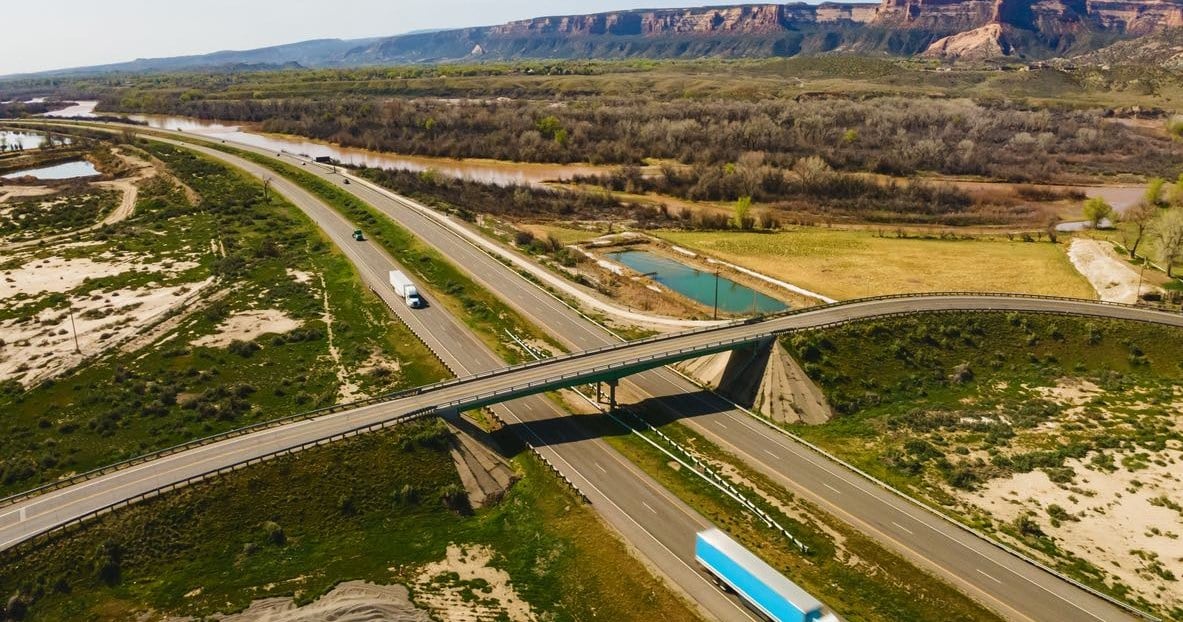 Aerial view of an I-70 interchange in western Colorado