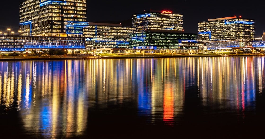 Tempe Town Lake skyline reflections at night