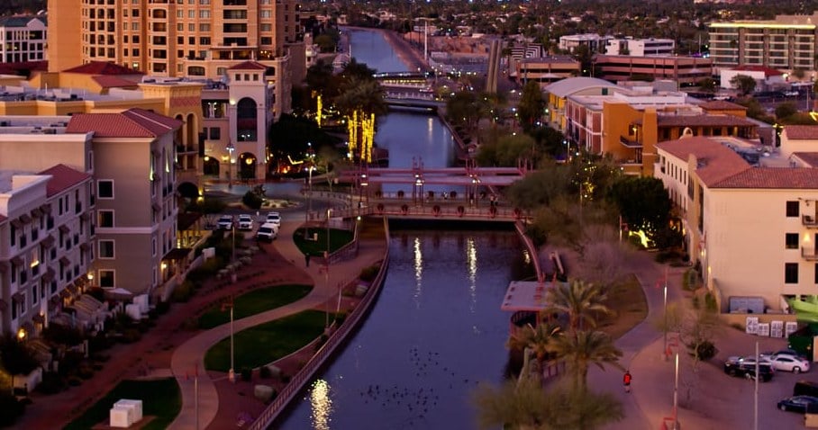 Arizona Canal and downtown Scottsdale at dusk