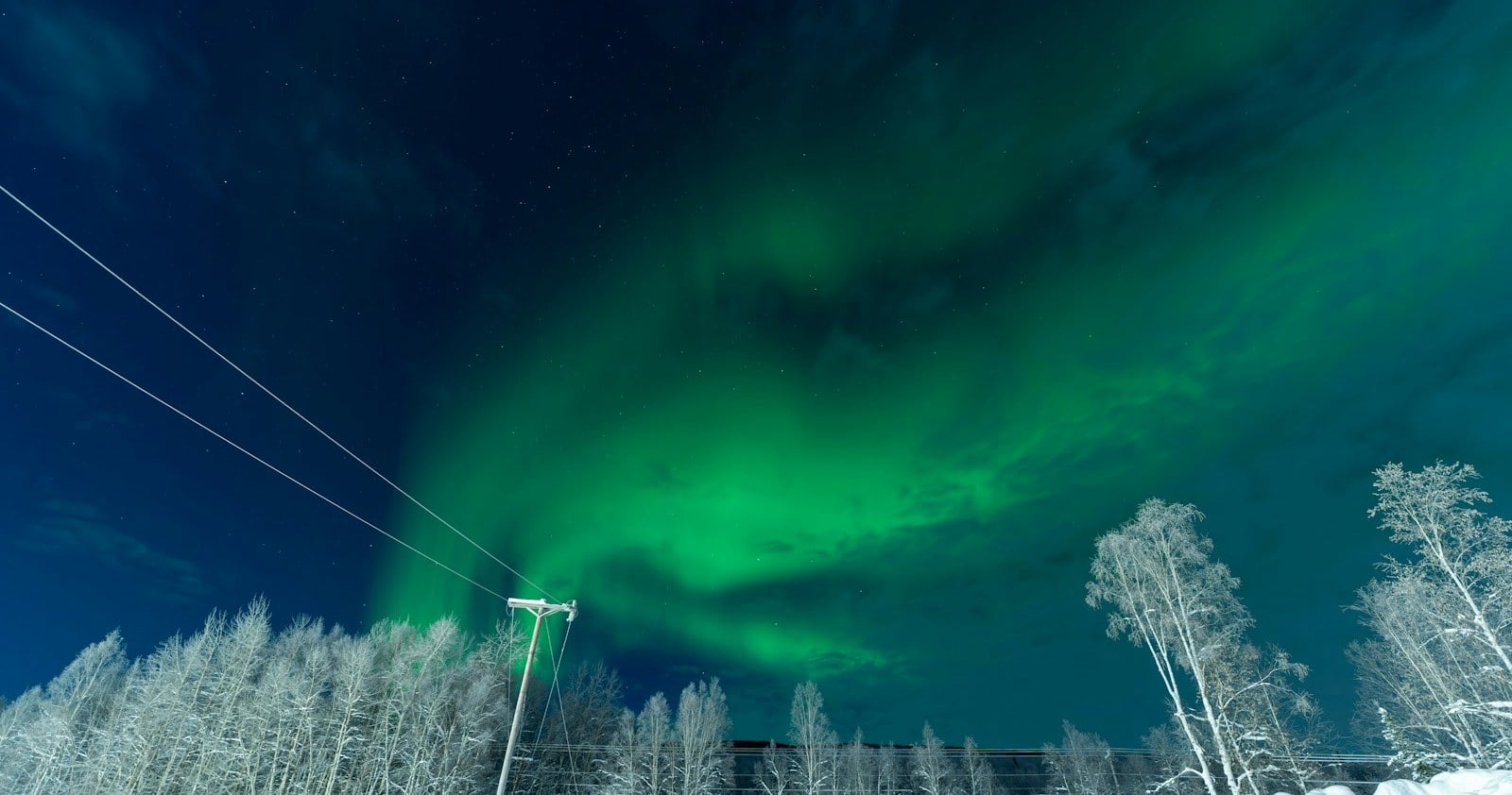 The northern lights over a snowy road in Fairbanks, Alaska