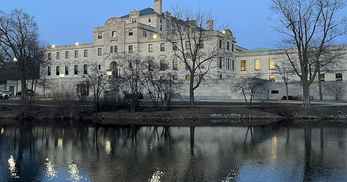 Iowa State's Memorial Union across Lake LaVerne in Ames, Iowa