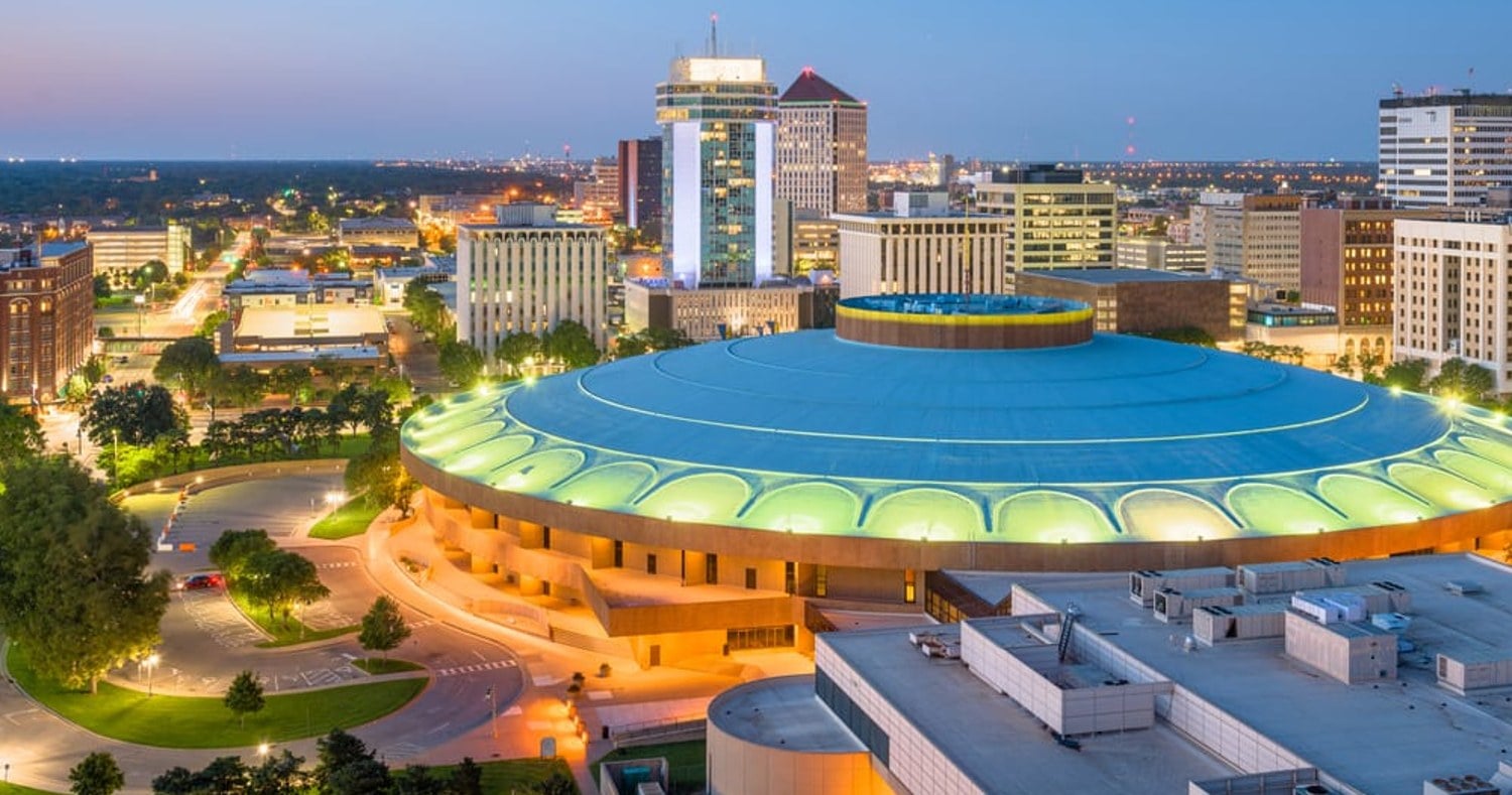 Downtown Wichita, Kansas skyline at dusk with Century II