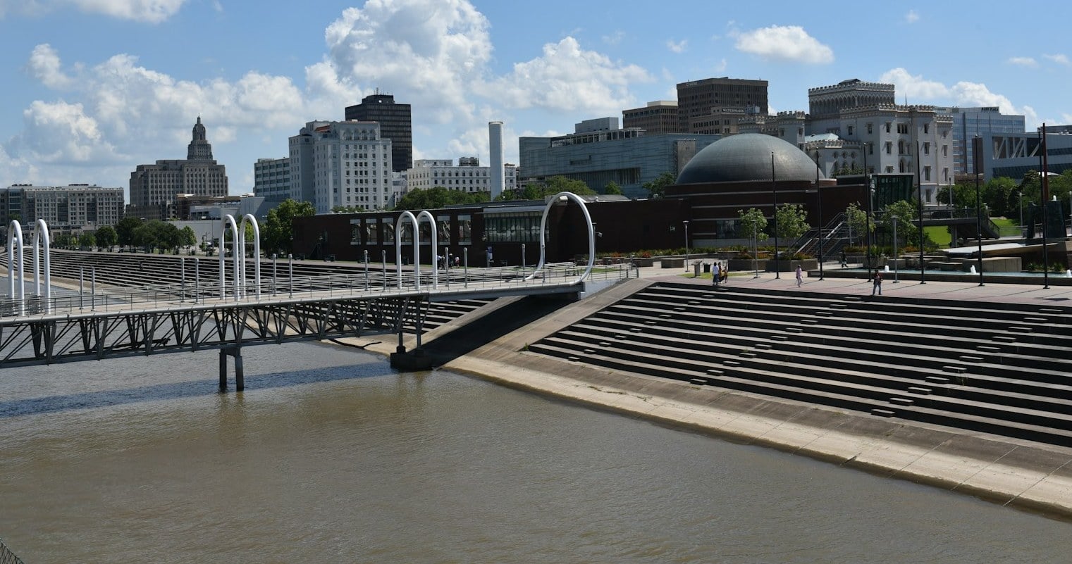 Downtown Baton Rouge skyline above the Mississippi River levee steps