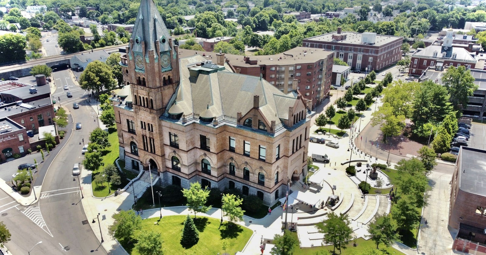 Aerial view of Brockton City Hall in Brockton, Massachusetts