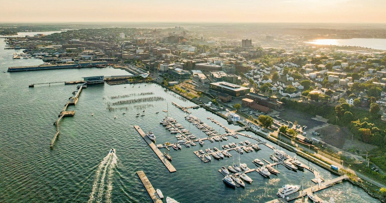 The Portland, Maine peninsula and marina from the air