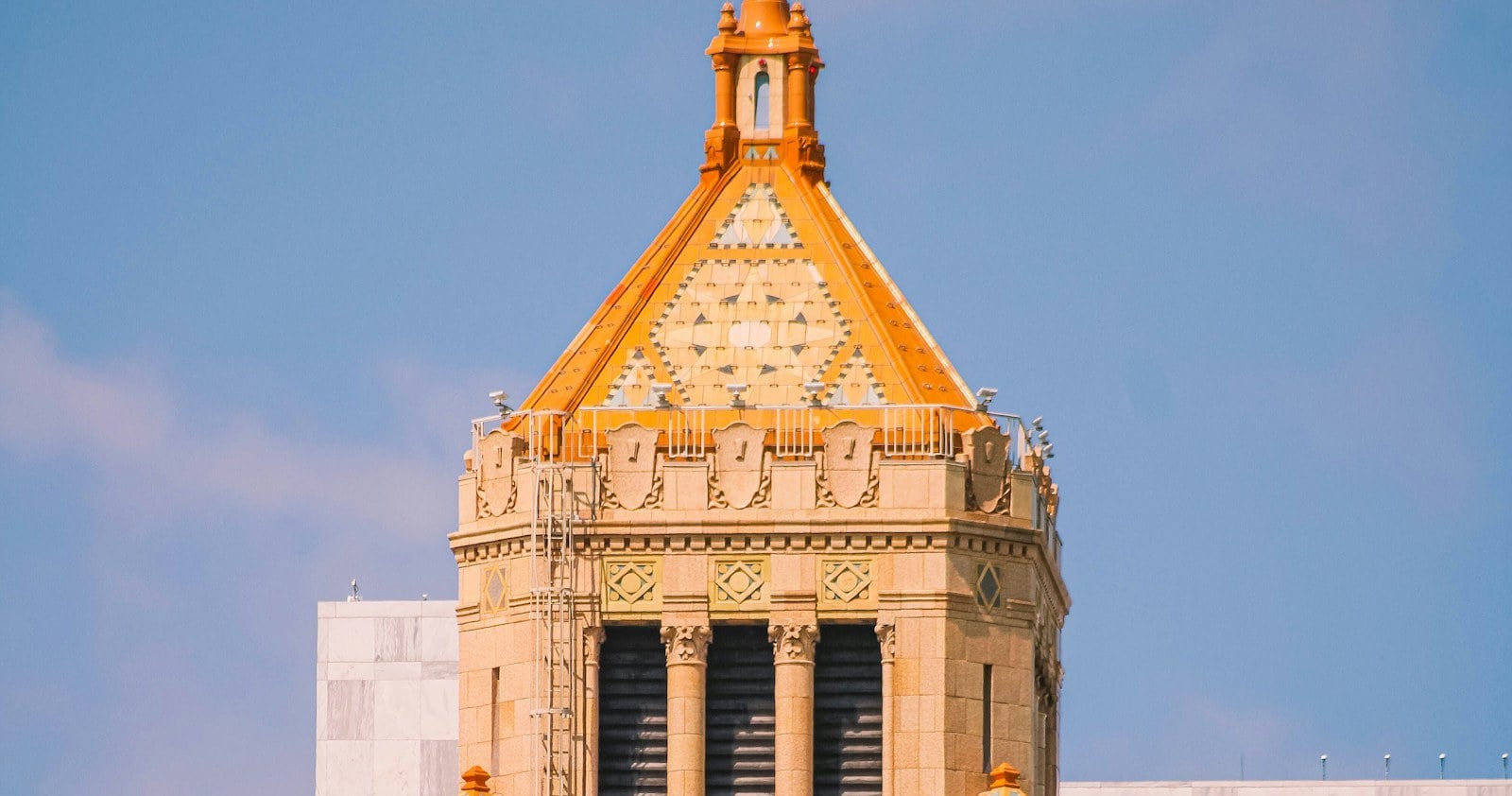 The ornate tower of the Plummer Building in Rochester, Minnesota