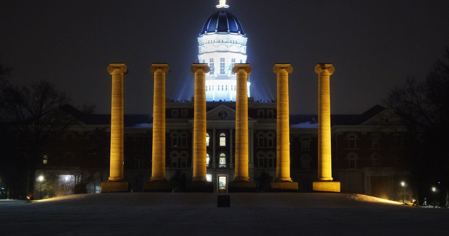 The Columns and Jesse Hall at night, University of Missouri, Columbia
