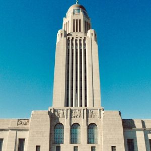 The Nebraska State Capitol tower in Lincoln, Nebraska