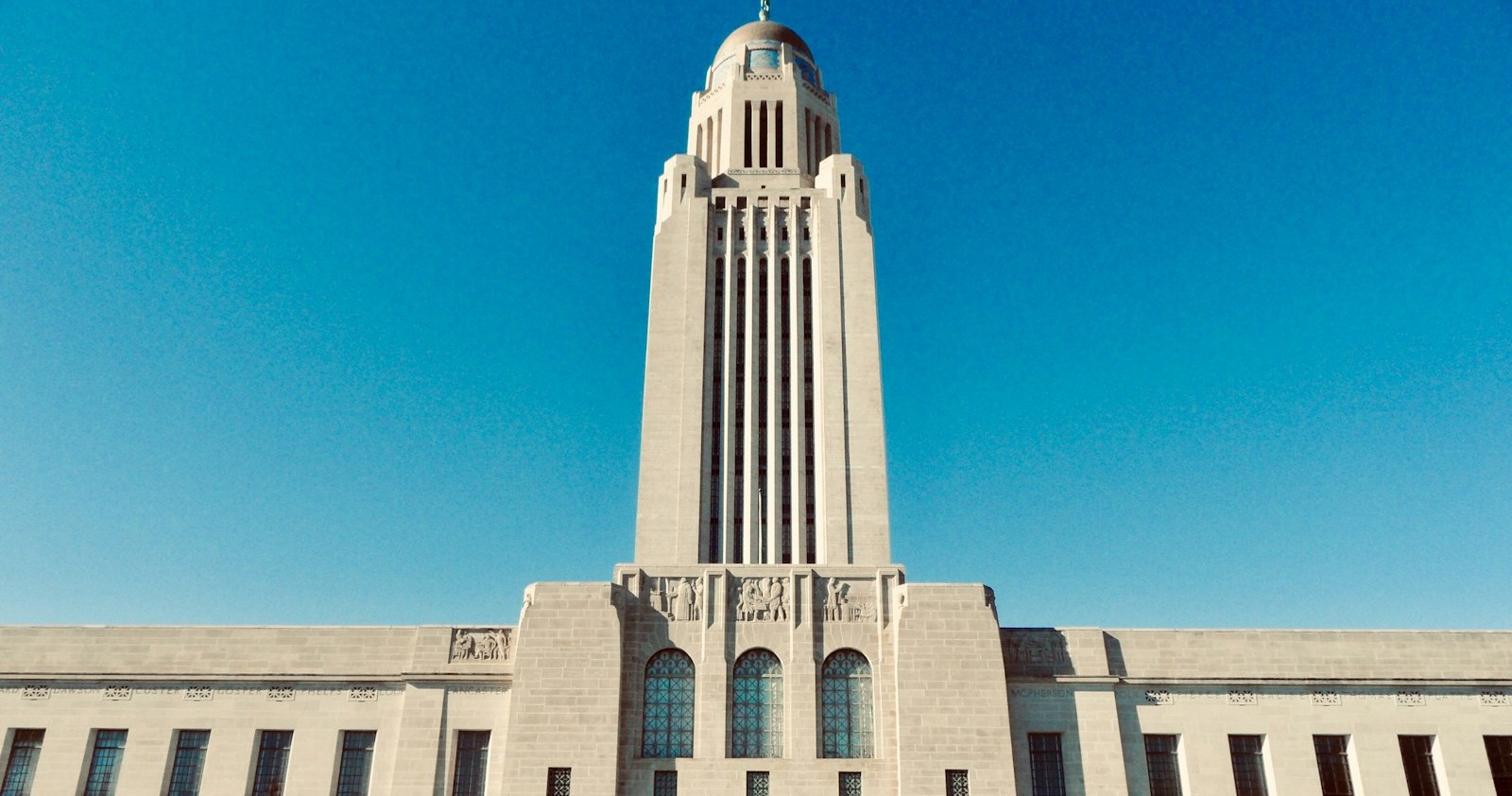 The Nebraska State Capitol tower in Lincoln, Nebraska