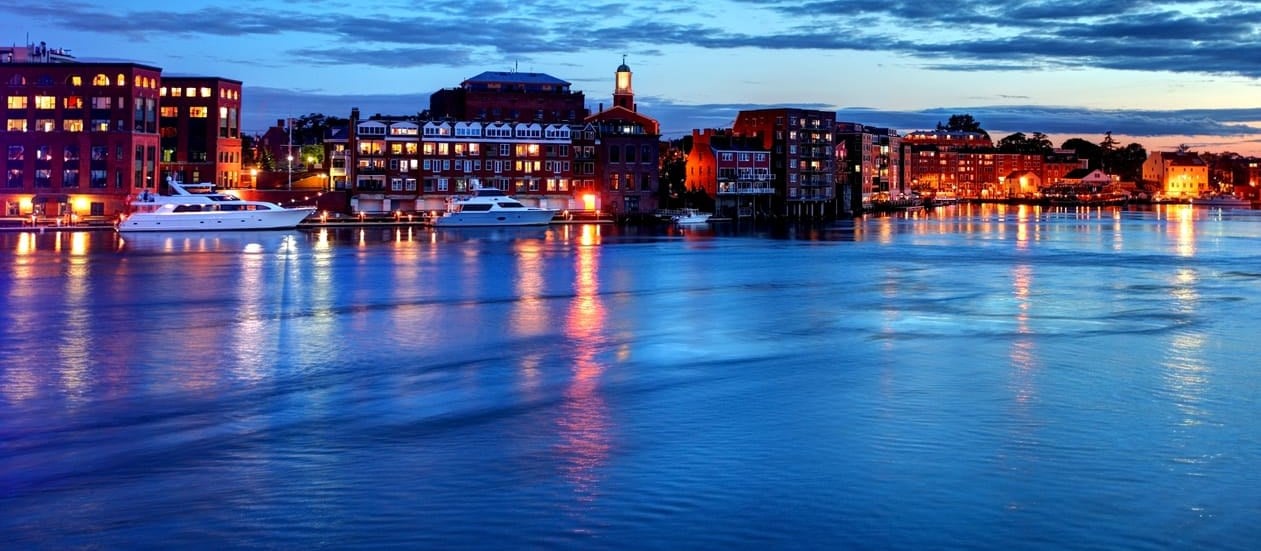 Portsmouth New Hampshire waterfront at dusk