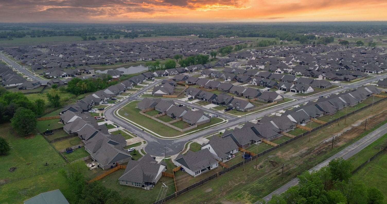 Aerial view of new Broken Arrow, Oklahoma neighborhoods at sunset
