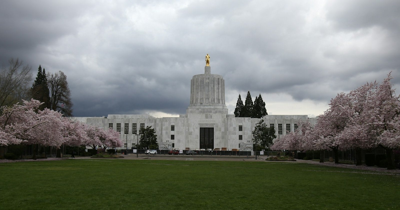 The Oregon State Capitol with cherry blossoms in Salem, Oregon