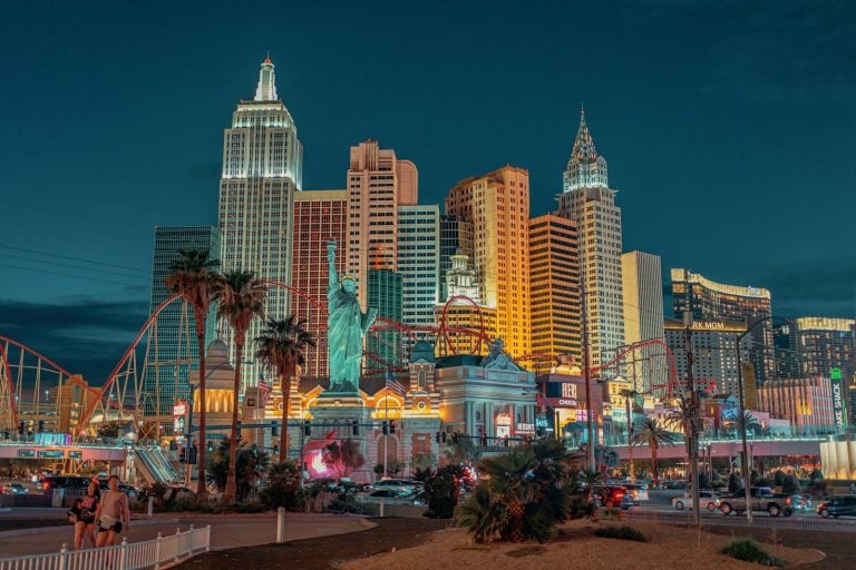 New York New York and Las Vegas Strip resorts lit at night