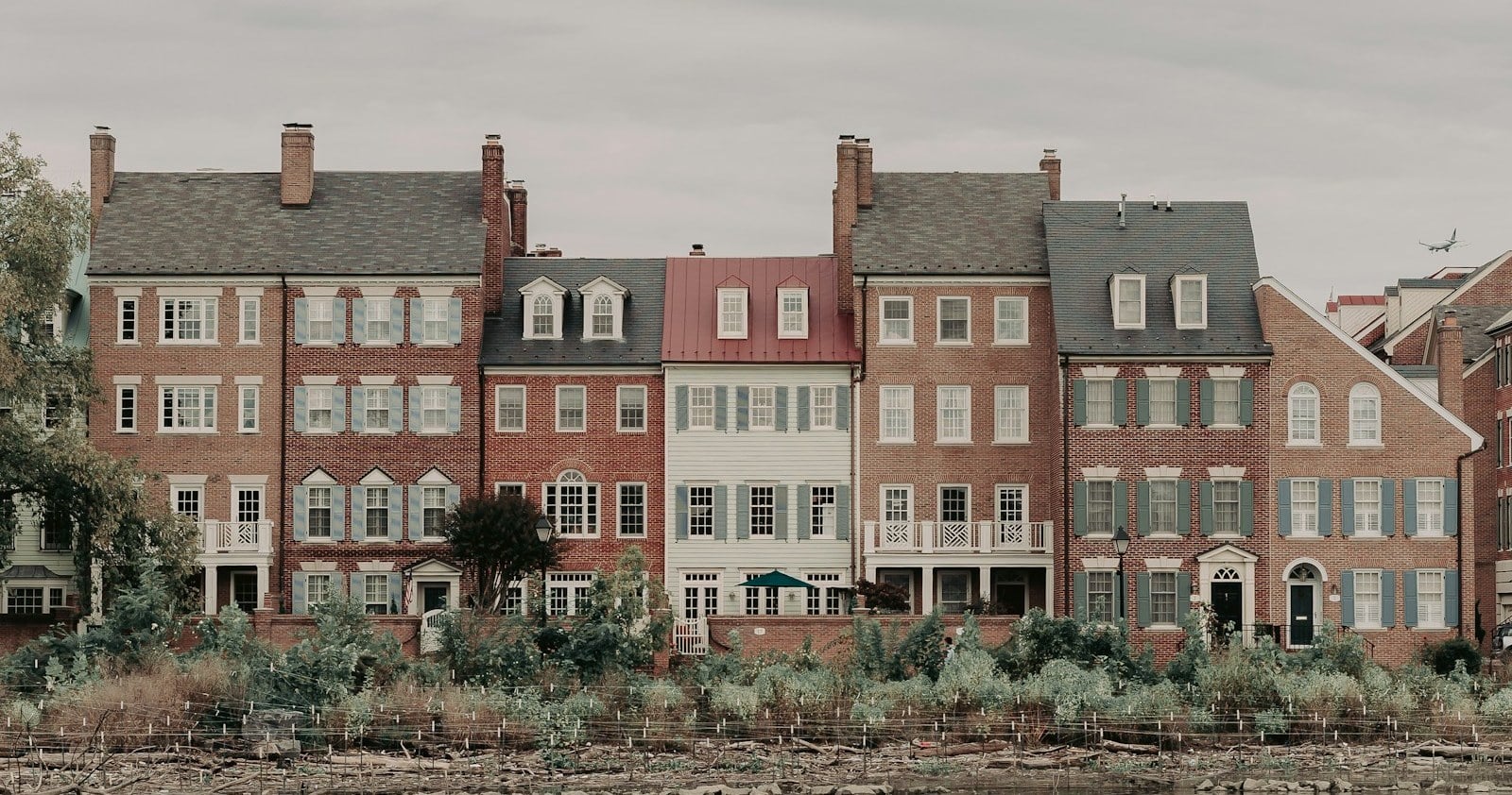 Brick townhomes along the water in Old Town Alexandria, Virginia