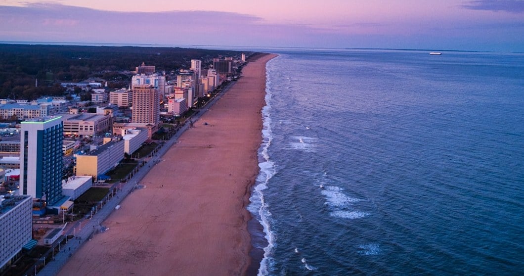 Aerial view of the Virginia Beach oceanfront strip and surf