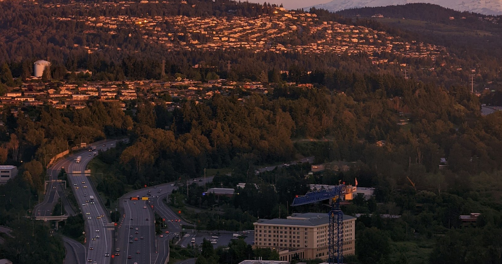 Hillside neighborhoods at dusk in Bellevue, Washington