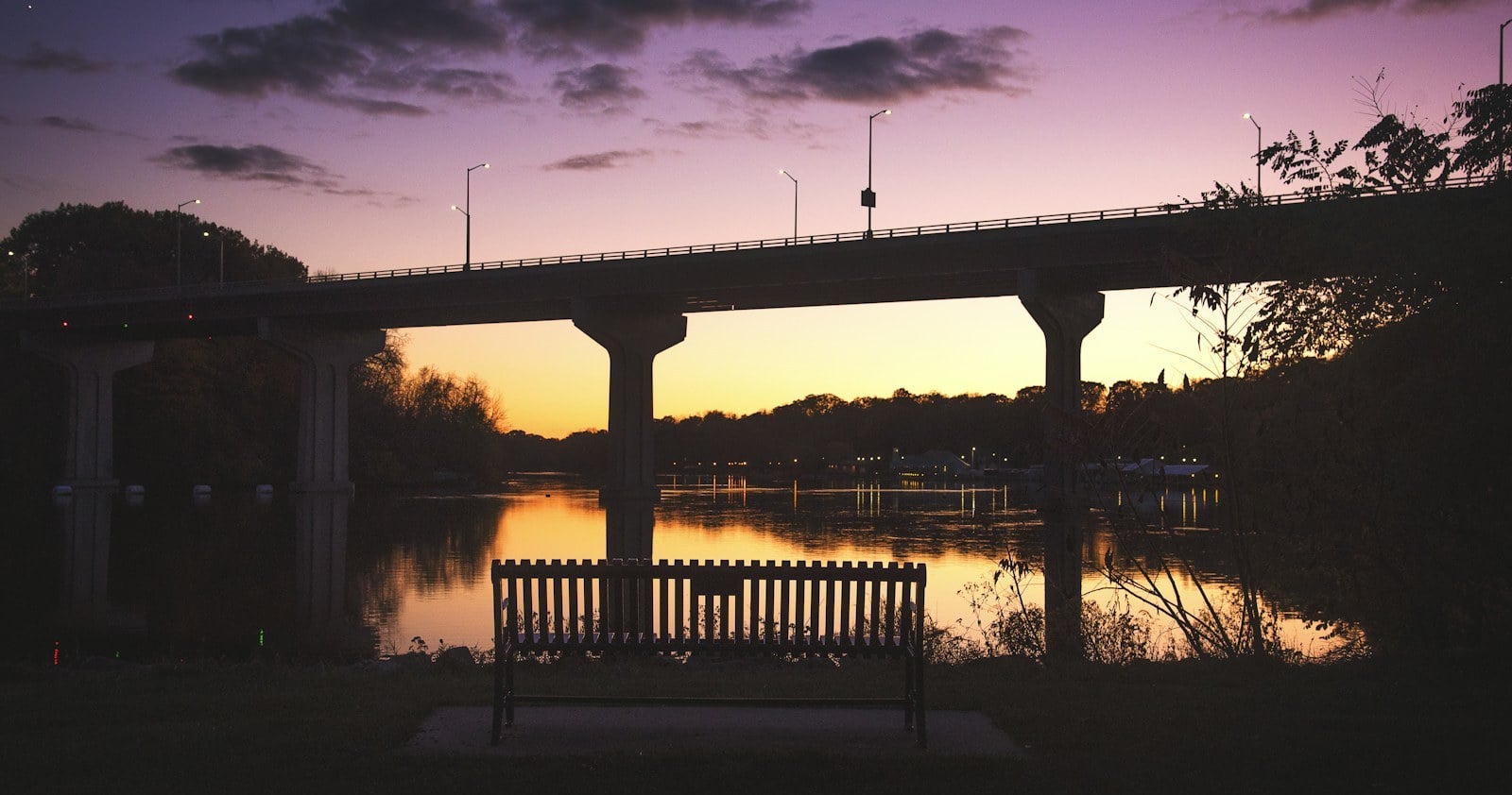 Appleton Memorial Bridge over the Fox River at sunset in Appleton, Wisconsin