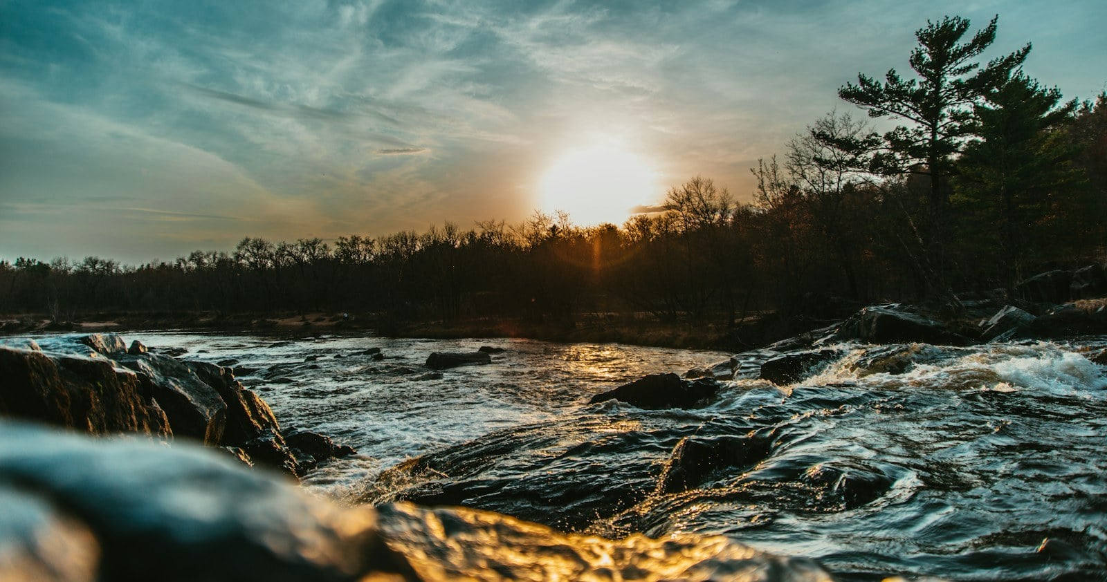 Sunset over rapids on the Eau Claire River near Eau Claire, Wisconsin