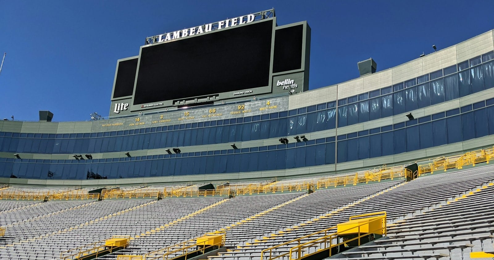 Stands and scoreboard inside Lambeau Field in Green Bay, Wisconsin
