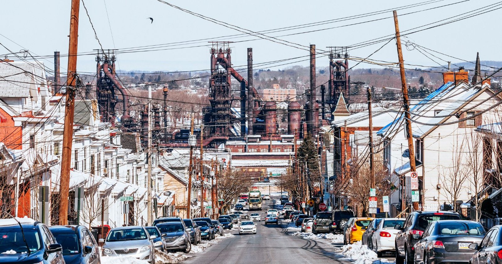 Street view toward the Bethlehem Steel blast furnaces