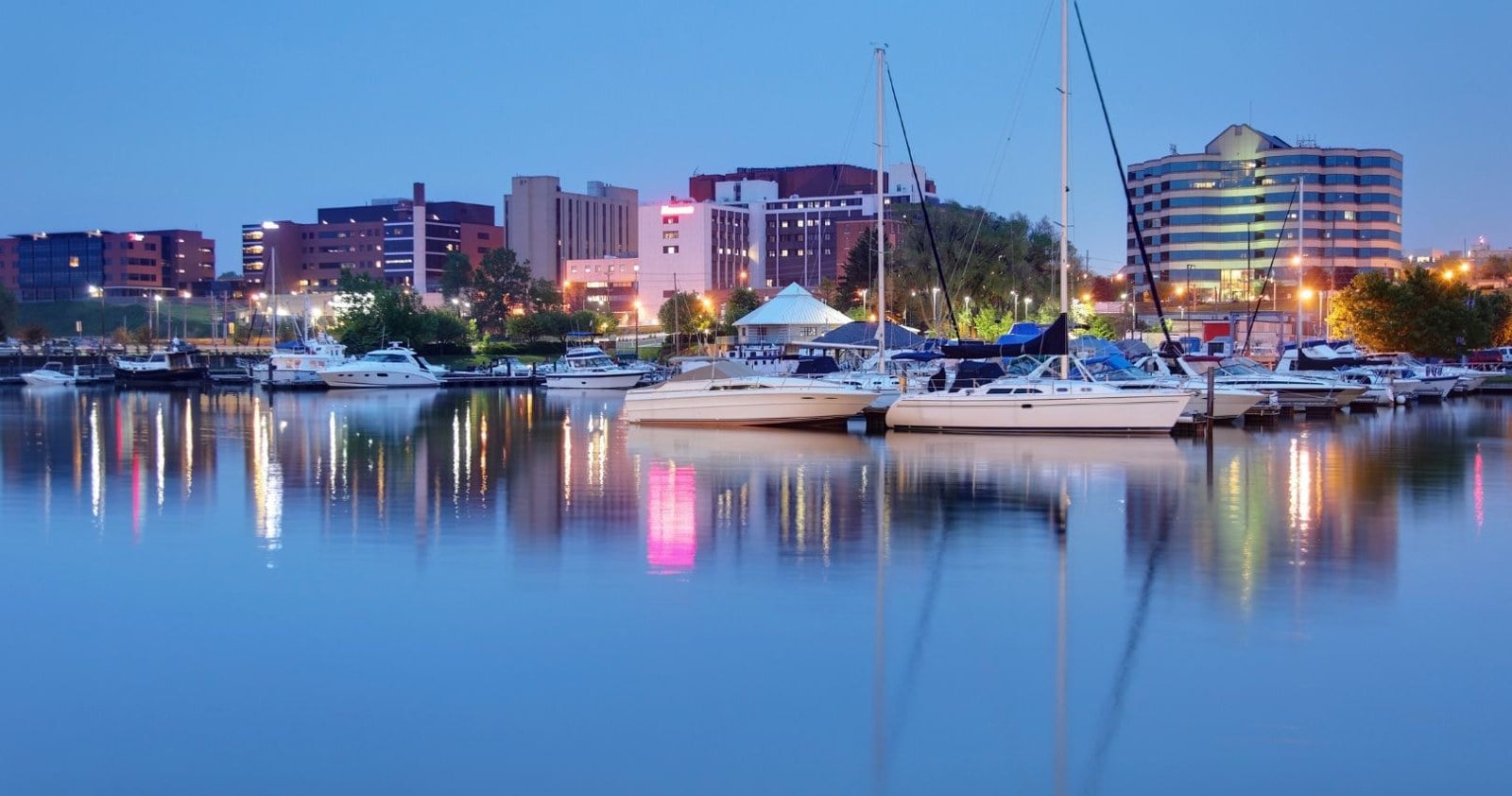 Erie Pennsylvania bayfront marina at dusk