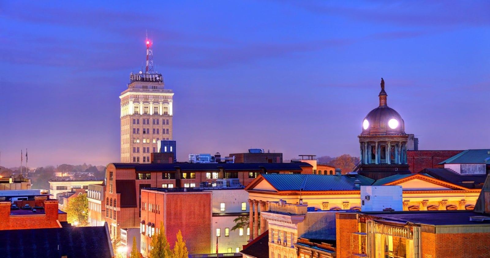 Downtown Lancaster Pennsylvania skyline at dusk