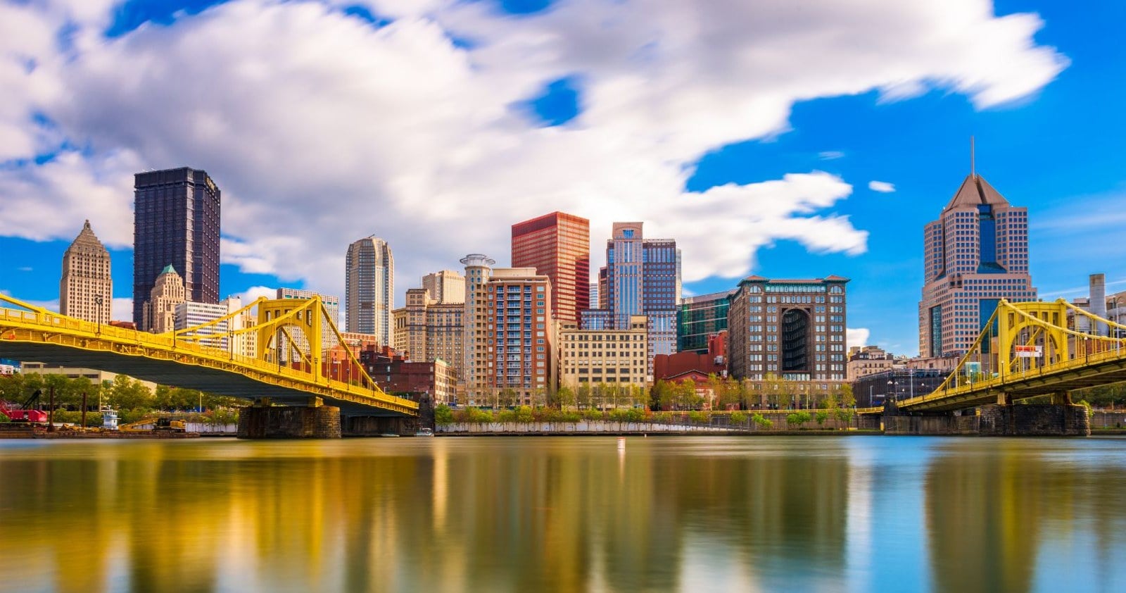 Pittsburgh skyline and Allegheny River sister bridges