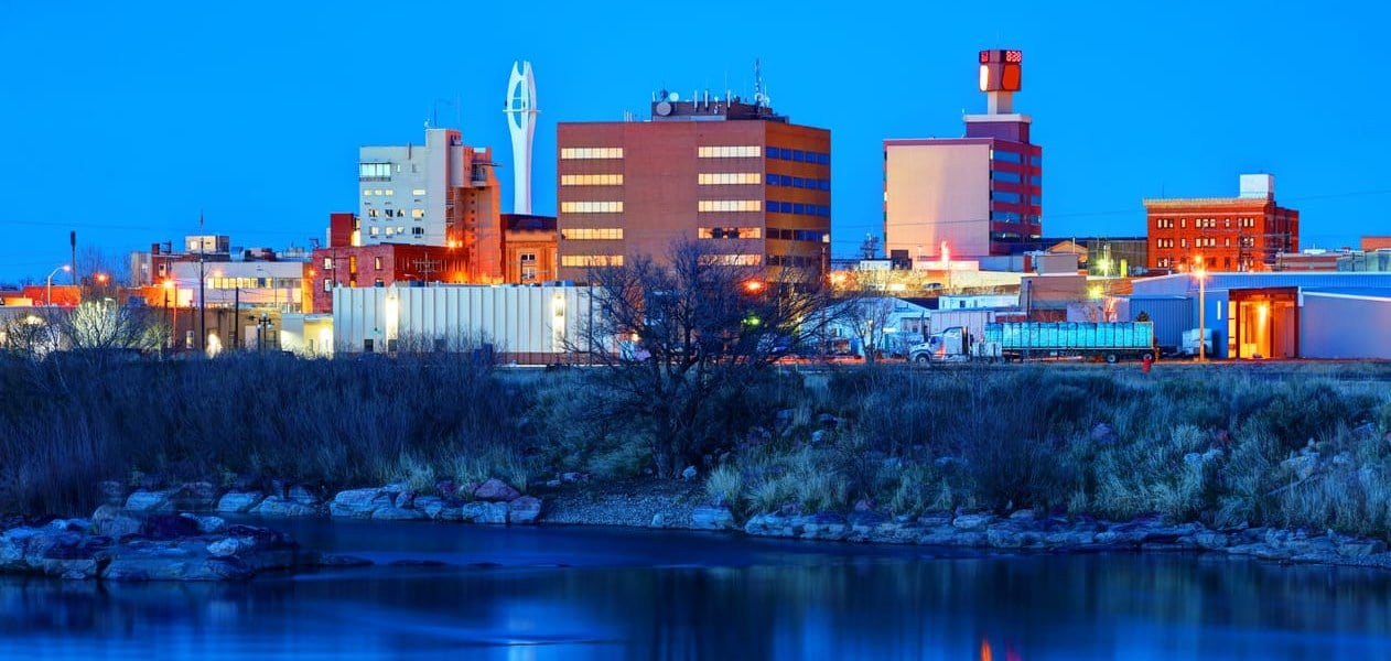 Downtown Casper at dusk over the North Platte