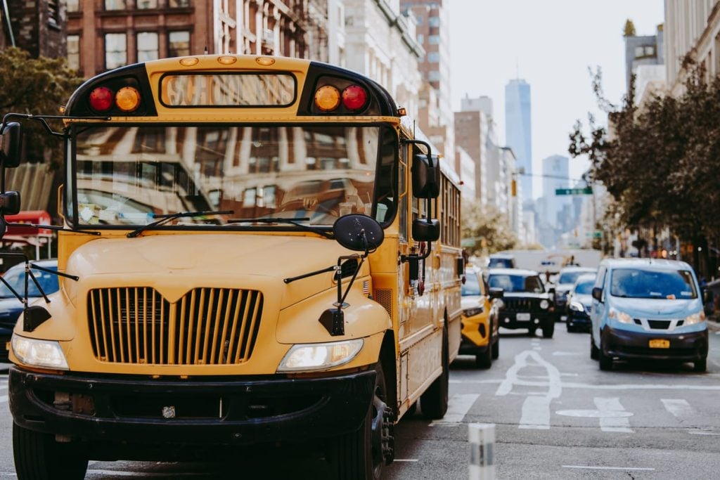 A typical yellow school bus in New York City
