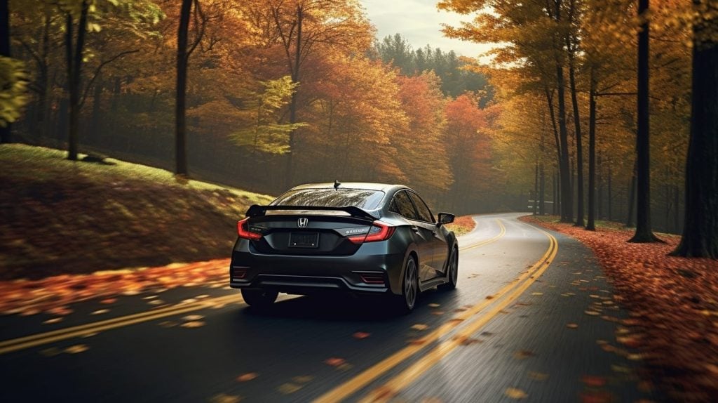 ShipACar Honda Civic driving in on a road with trees on both si c408162a 1916 43c1 b7ee d989489c697d