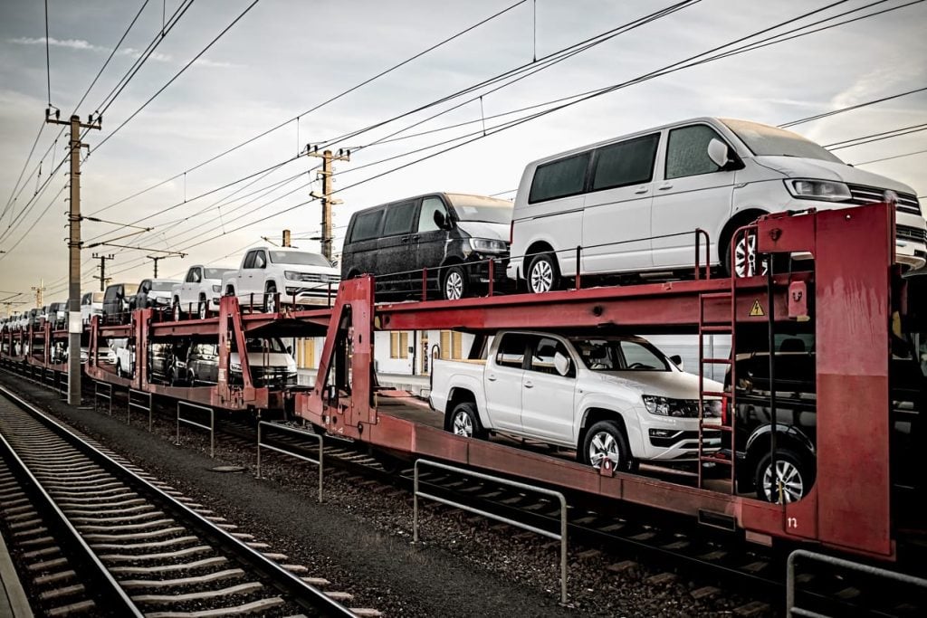 Freight train carrying many cars