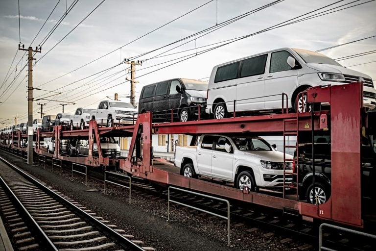 Freight train carrying many cars