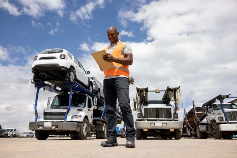 Man working at a distribution warehouse supervising the shipment of cars