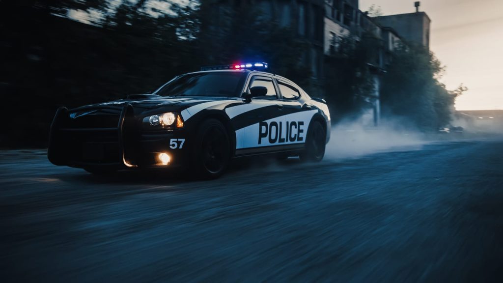 Police car with its roof lights on driving a wet road at night