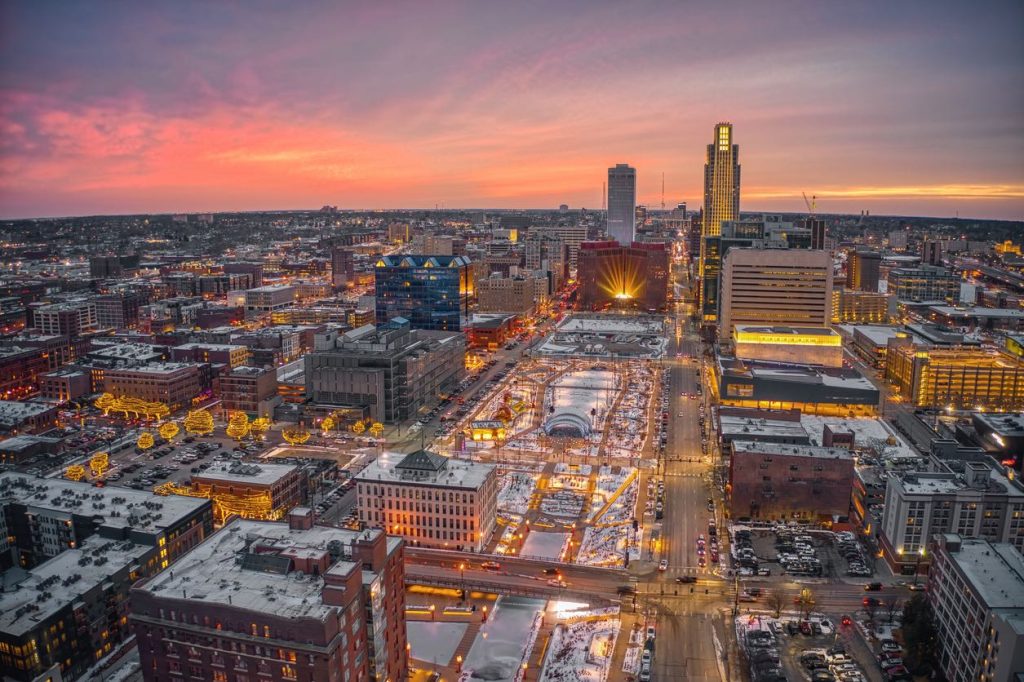 Omaha Nebraska skyline at winter sunset
