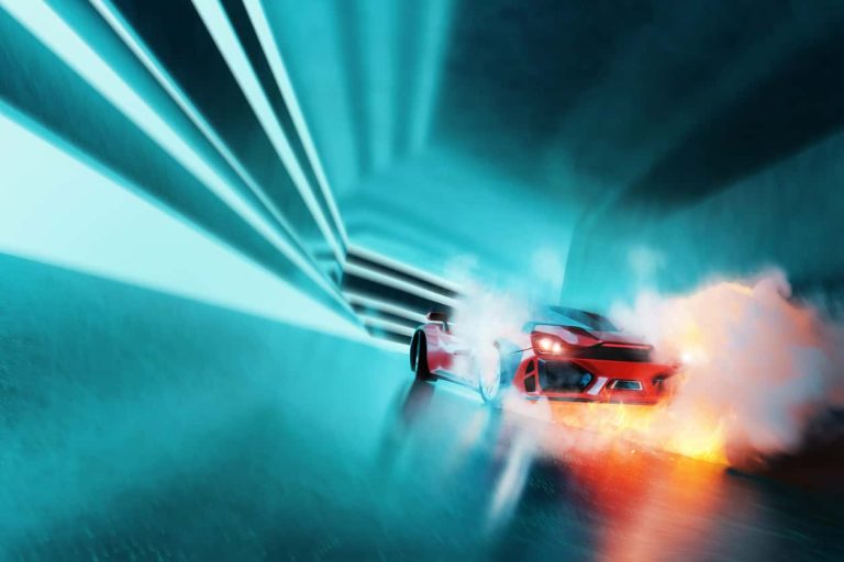 Speeding burning sports car in futuristic tunnel