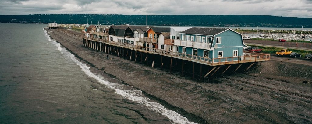 Businesses on pilings along the Homer Spit, Homer, AK