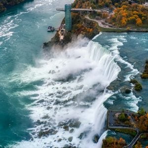 Aerial view of the American Falls and Niagara gorge in autumn color